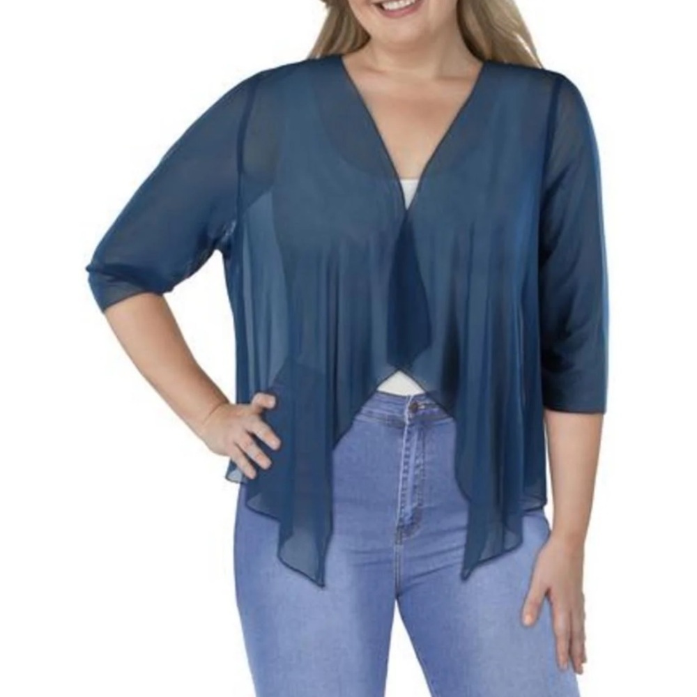 Connected Apparel Blue Sheer Asymmetrical Bolero Cardigan sizes 10, 12 - Picture 2 of 4